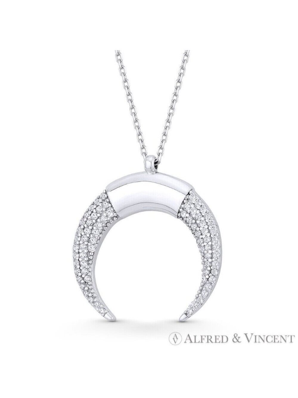 Reverse Horn CZ Crystal Charm Pendant & Chain Necklace in .925 Sterling Silver